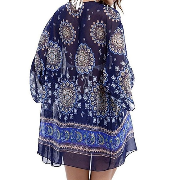 NEW Boho Chiffon Blue Kimono Swim Cover Up - Picture 4 of 5